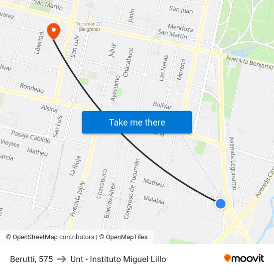 Berutti, 575 to Unt - Instituto Miguel Lillo map