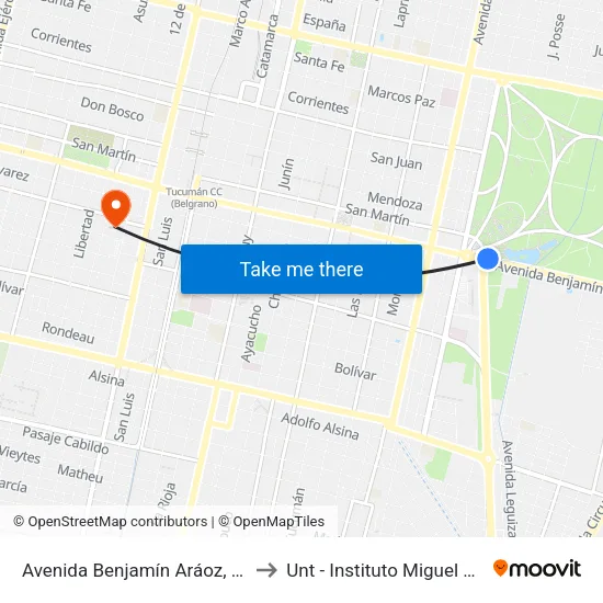 Avenida Benjamín Aráoz, 933 to Unt - Instituto Miguel Lillo map