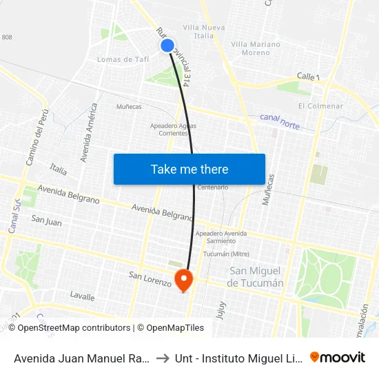 Avenida Juan Manuel Raya to Unt - Instituto Miguel Lillo map