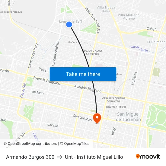 Armando Burgos 300 to Unt - Instituto Miguel Lillo map