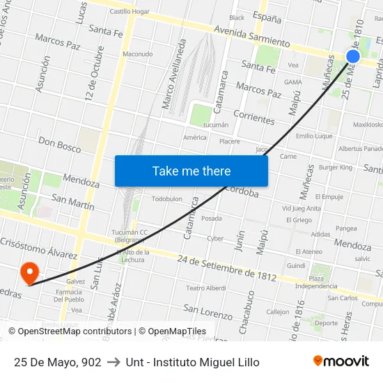 25 De Mayo, 902 to Unt - Instituto Miguel Lillo map
