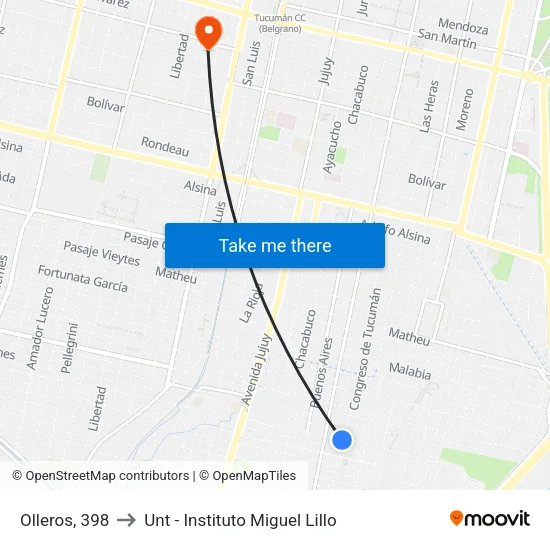 Olleros, 398 to Unt - Instituto Miguel Lillo map