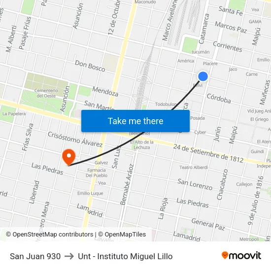 San Juan 930 to Unt - Instituto Miguel Lillo map