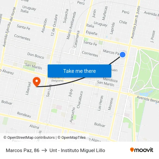 Marcos Paz, 86 to Unt - Instituto Miguel Lillo map