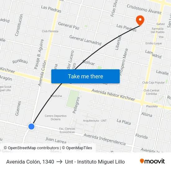 Avenida Colón, 1340 to Unt - Instituto Miguel Lillo map