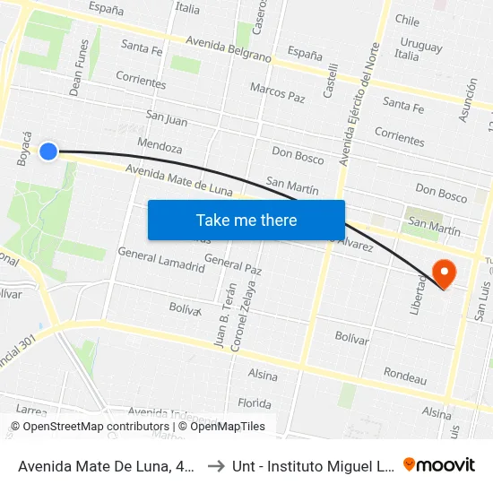 Avenida Mate De Luna, 4410 to Unt - Instituto Miguel Lillo map