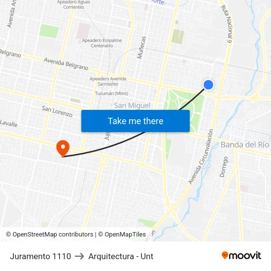 Juramento 1110 to Arquitectura - Unt map