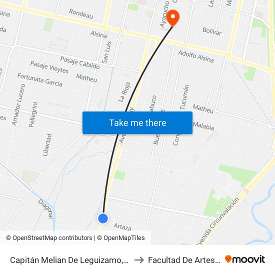 Capitán Melian De Leguizamo, 3205 to Facultad De Artes Unt map