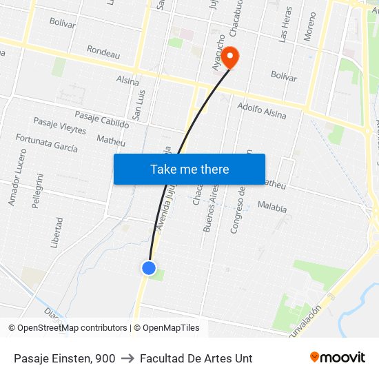 Pasaje Einsten, 900 to Facultad De Artes Unt map