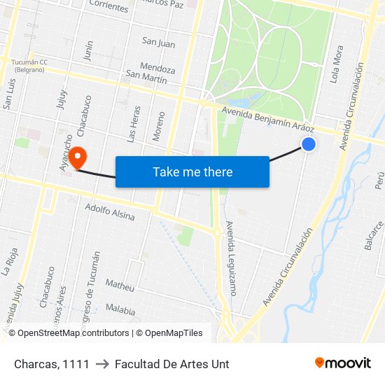 Charcas, 1111 to Facultad De Artes Unt map