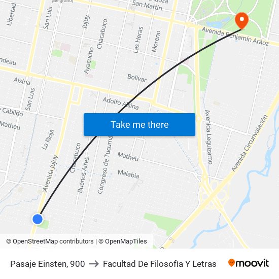 Pasaje Einsten, 900 to Facultad De Filosofía Y Letras map