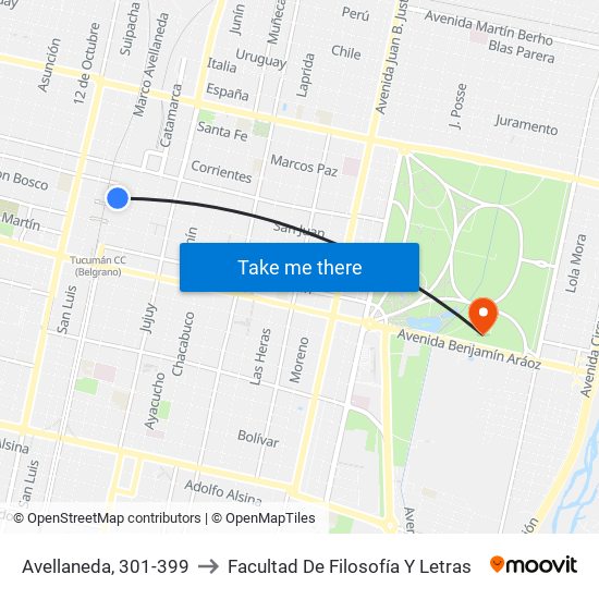 Avellaneda, 301-399 to Facultad De Filosofía Y Letras map