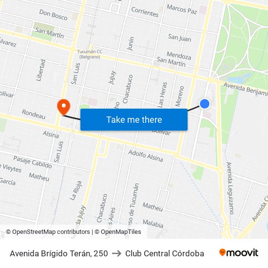 Avenida Brígido Terán, 250 to Club Central Córdoba map