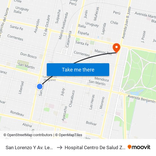 San Lorenzo Y Av. Leandro N. Alem to Hospital Centro De Salud Zenón J. Santillán map