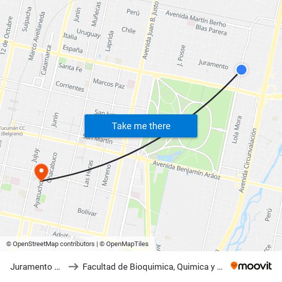 Juramento 1110 to Facultad de Bioquimica, Quimica y Farmacia map