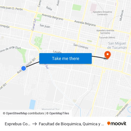 Exprebus Comun to Facultad de Bioquimica, Quimica y Farmacia map