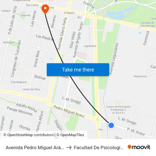 Avenida Pedro Miguel Aráoz, 650 to Facultad De Psicología - UNT map