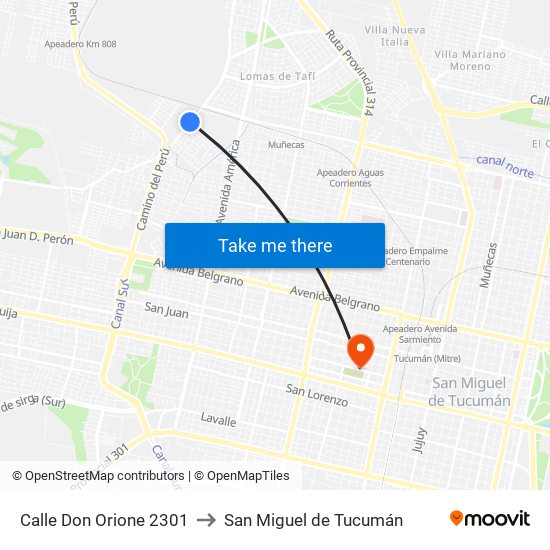 Calle Don Orione 2301 to San Miguel de Tucumán map