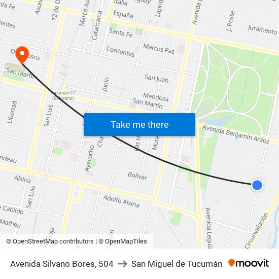 Avenida Silvano Bores, 504 to San Miguel de Tucumán map