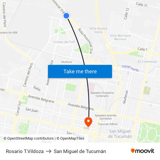 Rosario T.Vildoza to San Miguel de Tucumán map