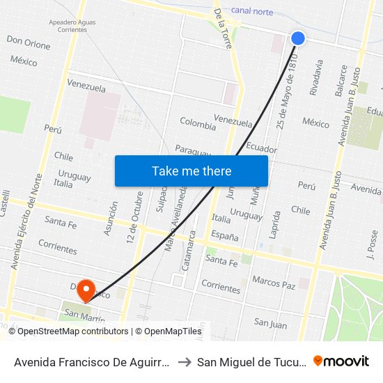 Avenida Francisco De Aguirre, 550 to San Miguel de Tucumán map