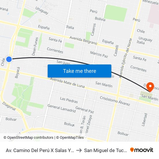 Av. Camino Del Perú X Salas Y Valdez to San Miguel de Tucumán map