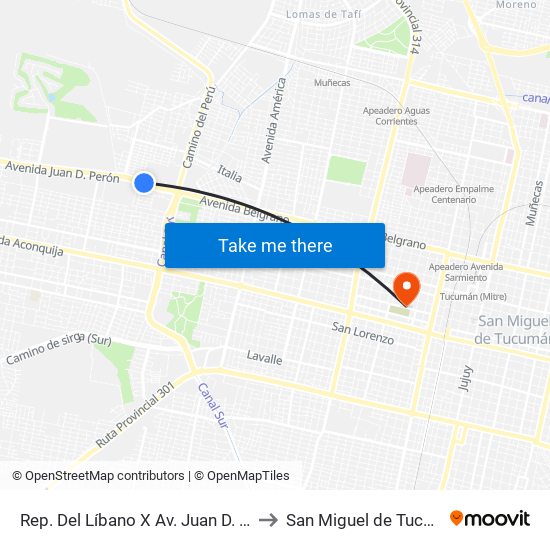 Rep. Del Líbano X Av. Juan D. Perón to San Miguel de Tucumán map