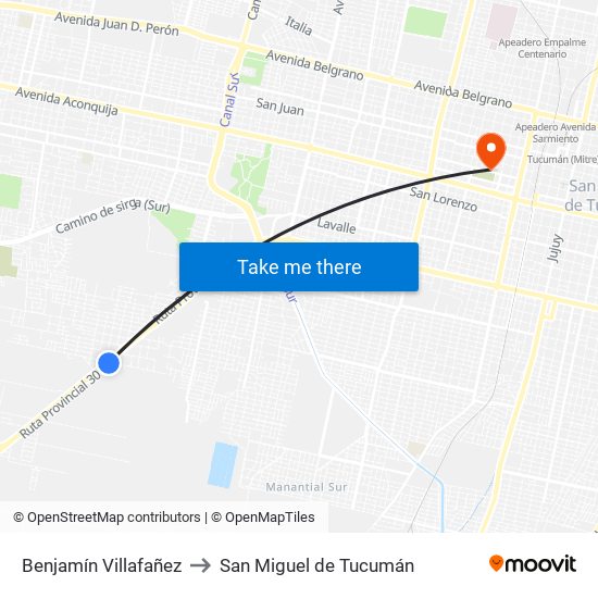 Benjamín Villafañez to San Miguel de Tucumán map