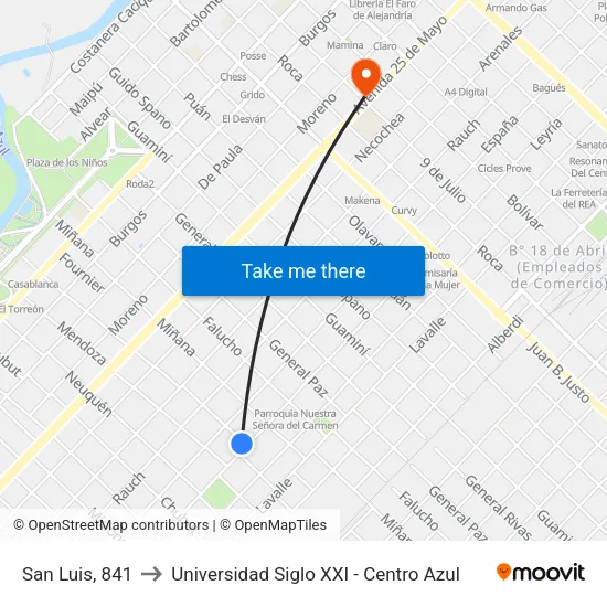 San Luis, 841 to Universidad Siglo XXI - Centro Azul map
