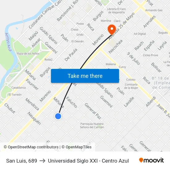 San Luis, 689 to Universidad Siglo XXI - Centro Azul map