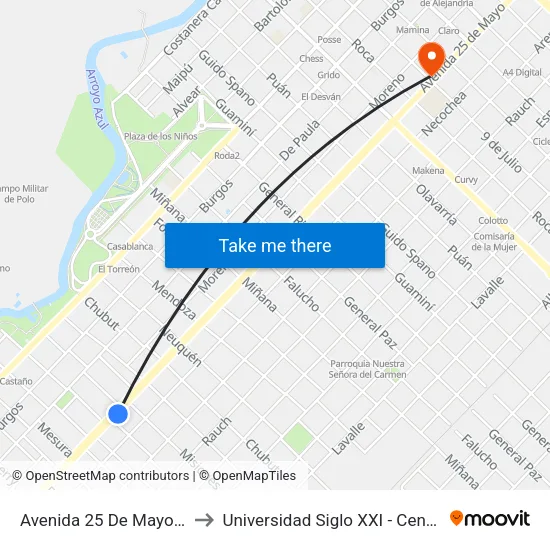 Avenida 25 De Mayo, 1579 to Universidad Siglo XXI - Centro Azul map