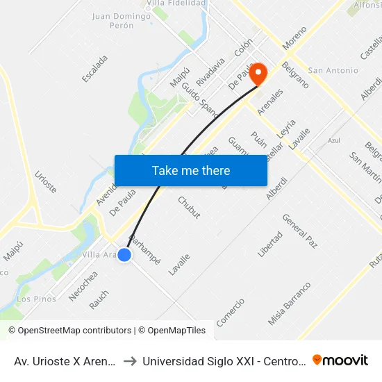 Av. Urioste X Arenales to Universidad Siglo XXI - Centro Azul map