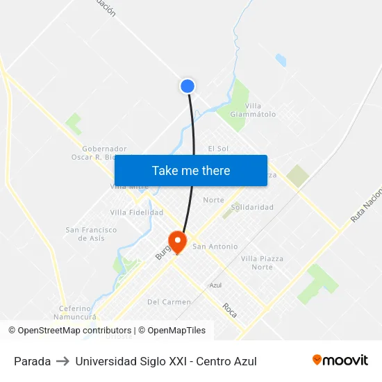Parada to Universidad Siglo XXI - Centro Azul map
