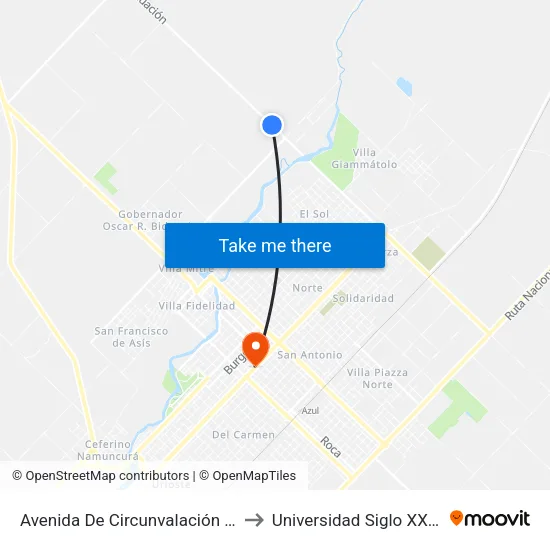 Avenida De Circunvalación Juan Mujica, 400 to Universidad Siglo XXI - Centro Azul map