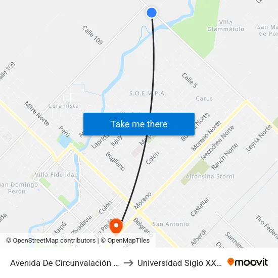 Avenida De Circunvalación Juan Mujica, 358 to Universidad Siglo XXI - Centro Azul map