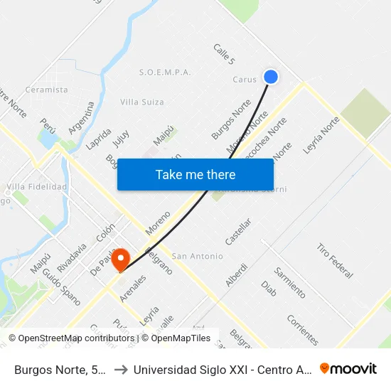 Burgos Norte, 550 to Universidad Siglo XXI - Centro Azul map