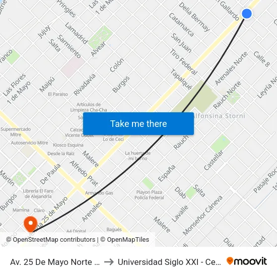 Av. 25 De Mayo Norte X Aldaz to Universidad Siglo XXI - Centro Azul map