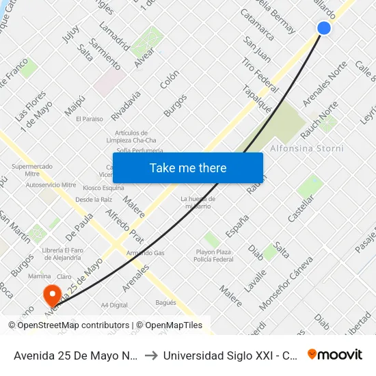 Avenida 25 De Mayo Norte, 309 to Universidad Siglo XXI - Centro Azul map