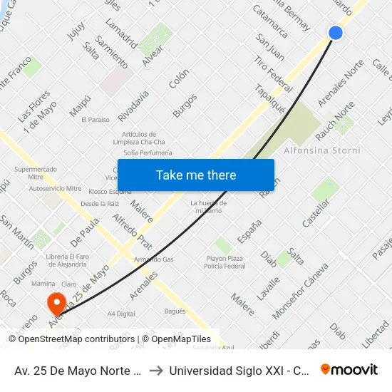 Av. 25 De Mayo Norte X Calle 8 to Universidad Siglo XXI - Centro Azul map