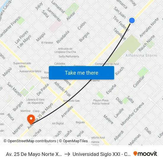 Av. 25 De Mayo Norte X San Juan to Universidad Siglo XXI - Centro Azul map