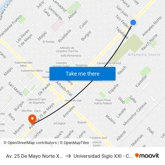 Av. 25 De Mayo Norte X San Juan to Universidad Siglo XXI - Centro Azul map