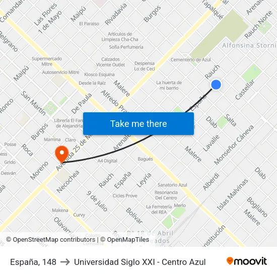 España, 148 to Universidad Siglo XXI - Centro Azul map