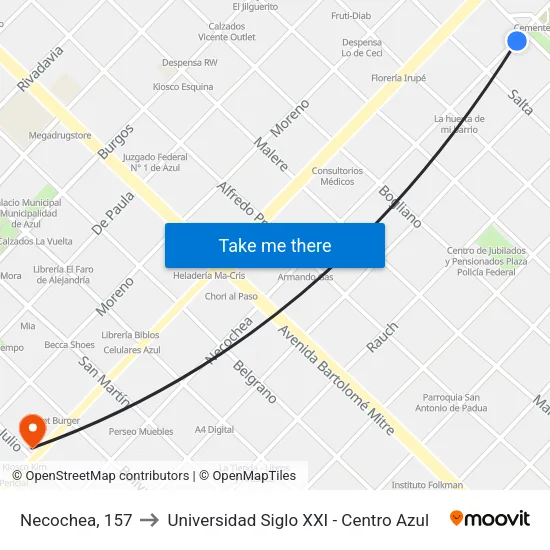 Necochea, 157 to Universidad Siglo XXI - Centro Azul map
