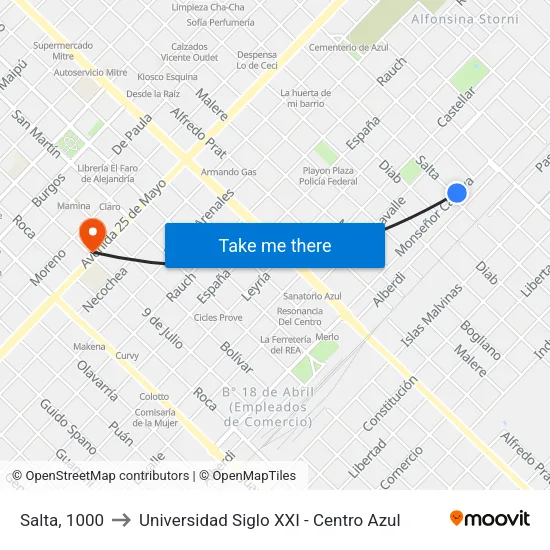 Salta, 1000 to Universidad Siglo XXI - Centro Azul map