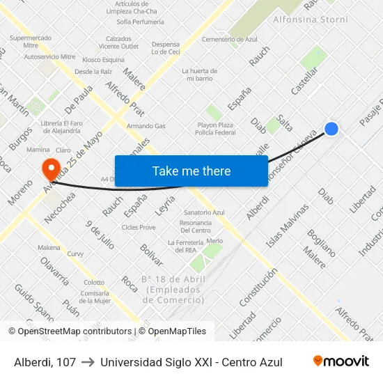 Alberdi, 107 to Universidad Siglo XXI - Centro Azul map