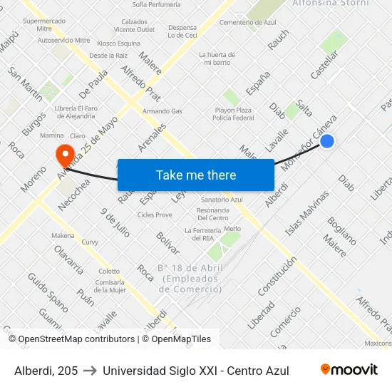 Alberdi, 205 to Universidad Siglo XXI - Centro Azul map