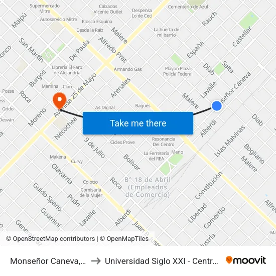 Monseñor Caneva, 329 to Universidad Siglo XXI - Centro Azul map