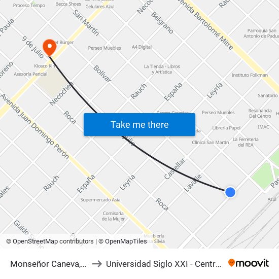 Monseñor Caneva, 690 to Universidad Siglo XXI - Centro Azul map