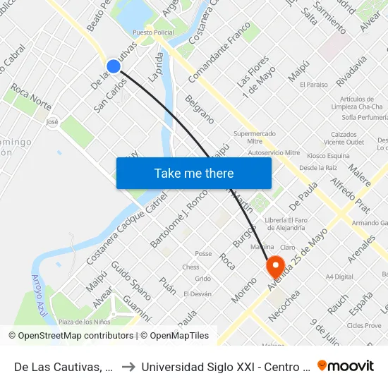 De Las Cautivas, 641 to Universidad Siglo XXI - Centro Azul map