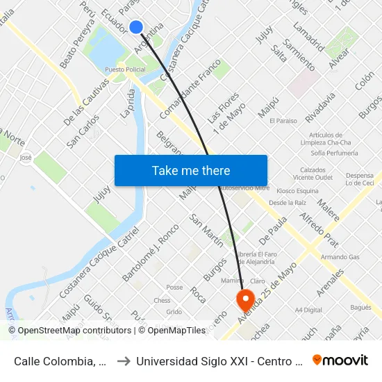 Calle Colombia, 111 to Universidad Siglo XXI - Centro Azul map